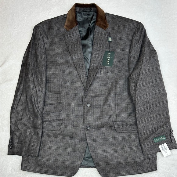 Lauren Ralph Lauren Mens 46S Glen Plaid Sport Coat Velvet Collar Grey Brown NEW